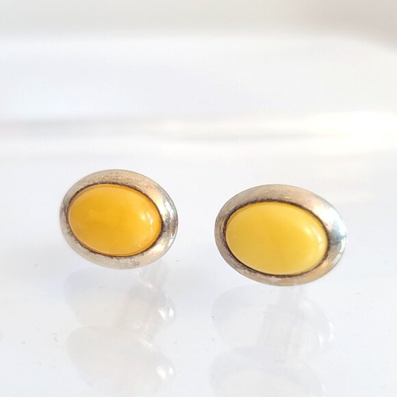 925 sterling silver cufflinks oval egg yolk butterscotch yellow amber cabochons - Picture 1 of 7